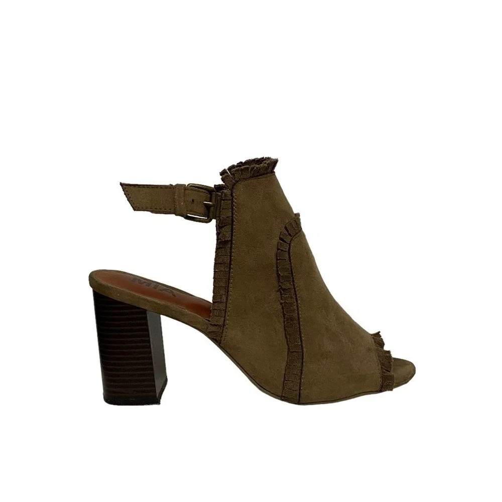 MIA Patrice Summer Chic Fringe Open Toe Sling Back‎ Block Heel Booties Brown